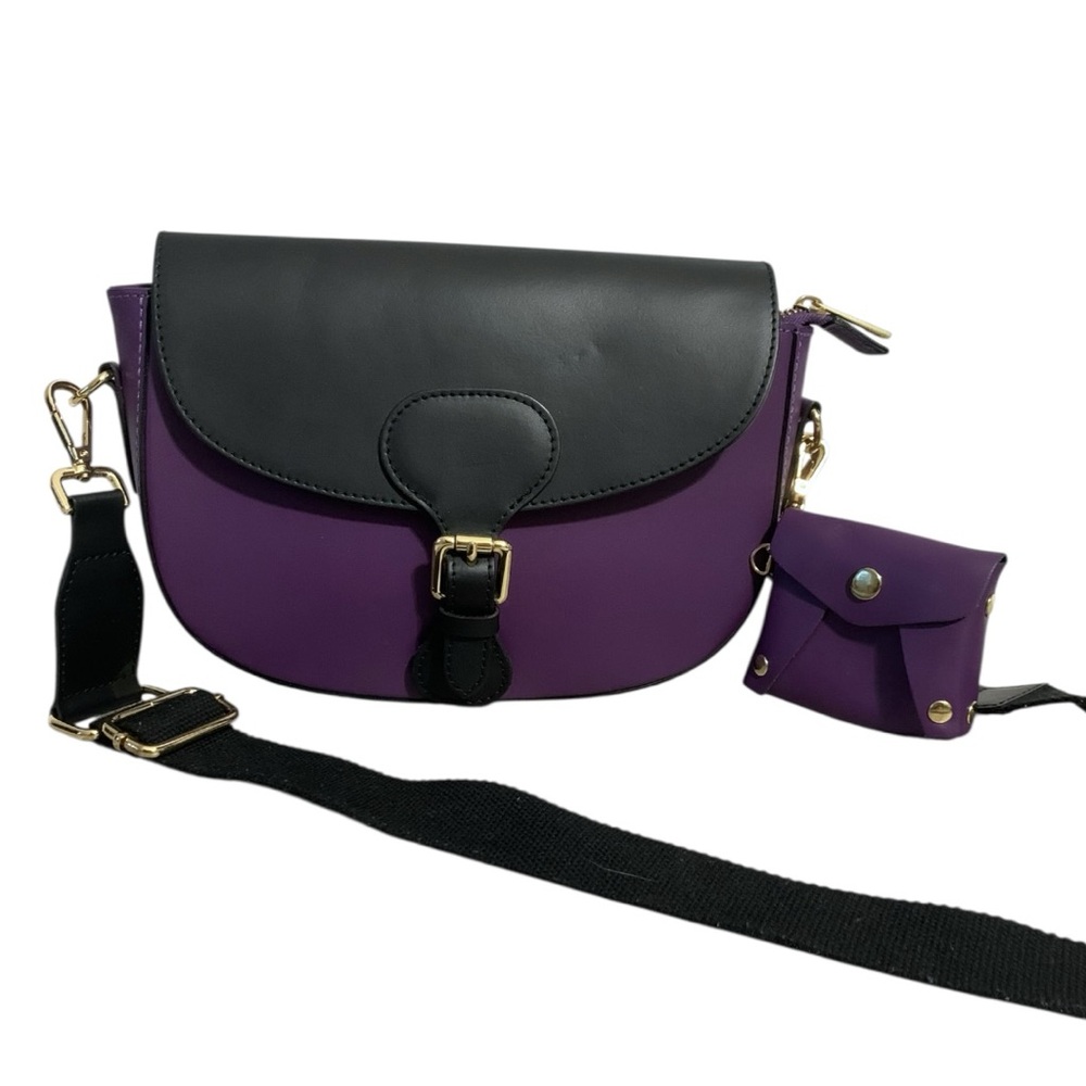 STELLA BIANCA Purple/Black Genuine Leather Flap Crossbody Shoulder Bag Italy